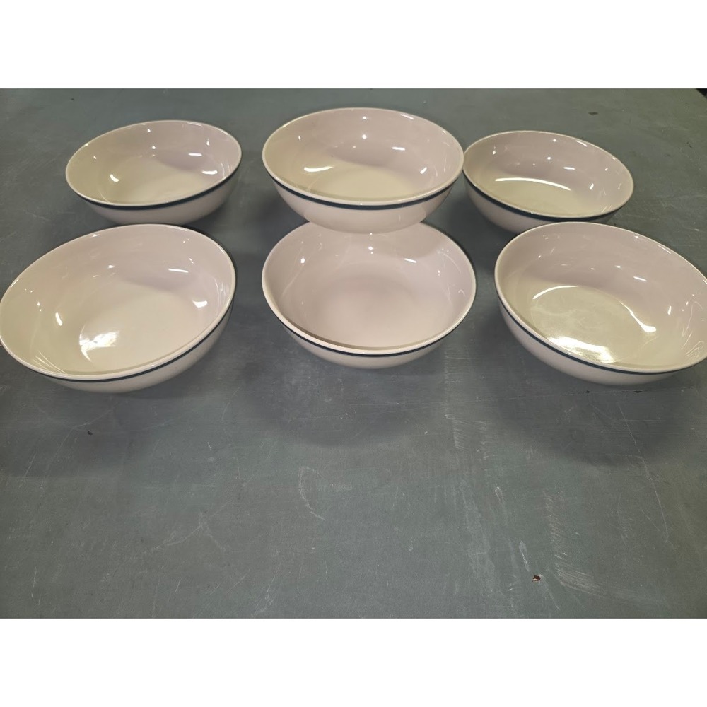 Casuals by China Pearl Cereal Soup Bowls Set of 7 Cream Blue Rim Stoneware